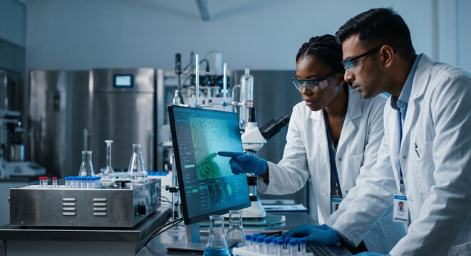 Two diverse scientists working in a lab, analyzing data on a computer screen. Medical research and development concept.