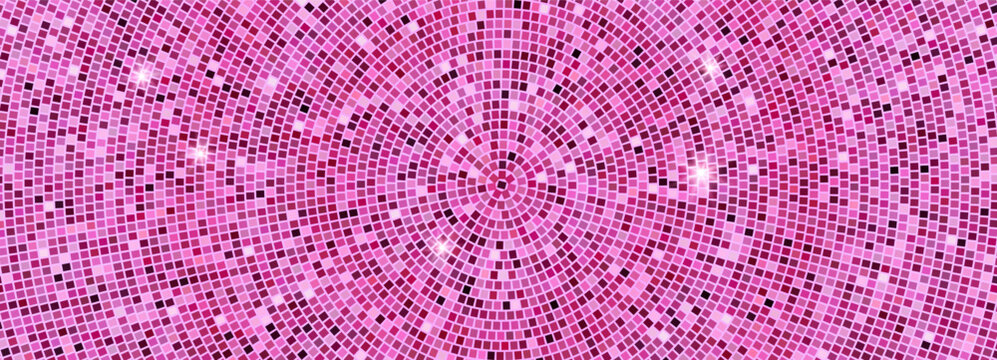 Sparkling glitter texture with iridescent sequins and mirror tiles. Purple-pink gradient backdrop featuring shimmering mosaic pattern perfect for nightclub or retro party.