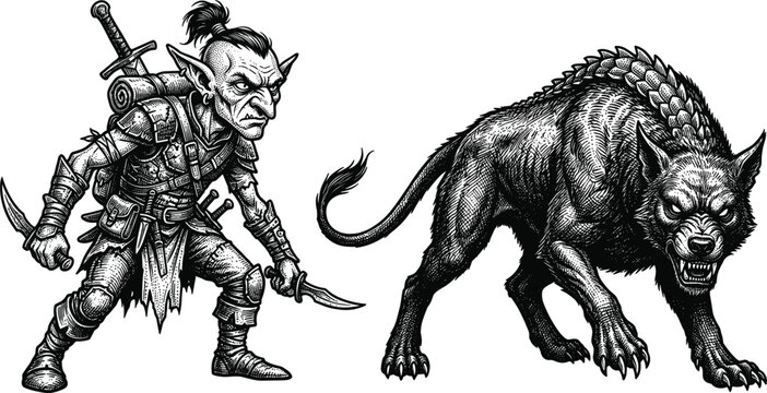 Goblin rogue warrior and hellhound companion monster set black and white stipple pen and ink vector illustration