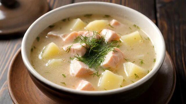 Delicious Salmon and Potato Soup with Fresh Dill Garnish