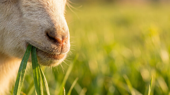 Close up of a white goat eating fresh green grass
