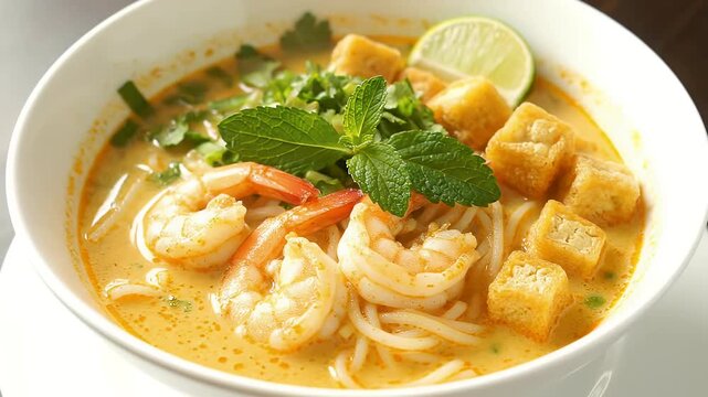 Delicious Shrimp Noodle Soup with Herbs and Tofu