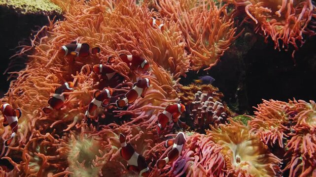 A close up shot of a Banggai cardinalfish (Pterapogon kauderni) swimming among intricate, branching coral. This footage captures the unique black and white striped pattern of the fish and the detailed