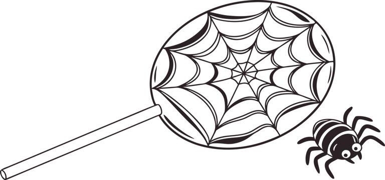 Black and white illustration of a spider web lollipop and a cute spider