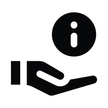 Black solid information support symbol with helping hand and notification sign. Minimal communication style for customer service, help center, assistance platforms, and interface design on white backg