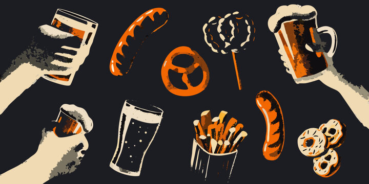 vector collage of beer and snack icons on black background