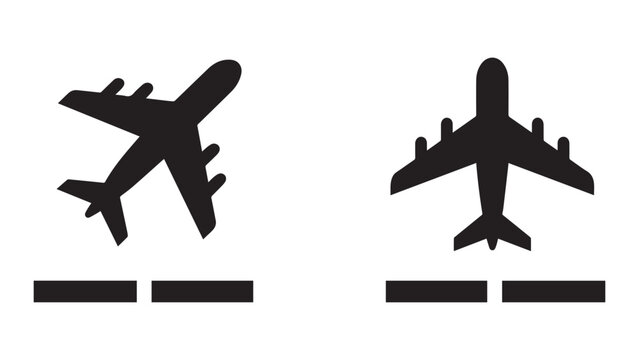 Commercial airplane icon pack showcasing front view and runway takeoff angles for aviation