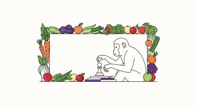 Monkey playing chess surrounded by fresh fruits and vegetables frame