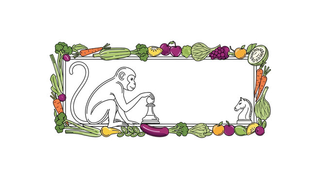 Monkey playing chess surrounded by fresh vegetables frame, healthy food concept