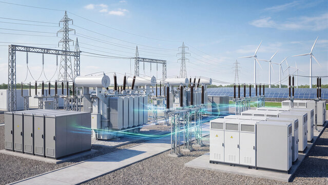 Modern electrical substation with high voltage transformers power lines pylons and battery storage units beside wind turbines and solar panels showcasing renewable energy grid infrastructure technolog