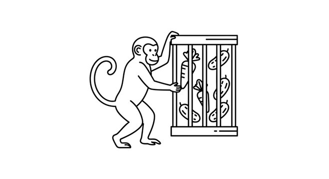 Monkey Reaching for Carrots in a Cage - Line Art Illustration