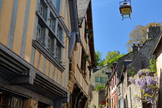 Jerzual street in Dinan, Brittany, Cotes d'Armor, France, with half-timbered medieval houses