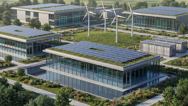 Modern sustainable green data center campus with glass buildings solar panels wind turbines and battery storage showcasing renewable energy powered cloud computing infrastructure and eco architecture