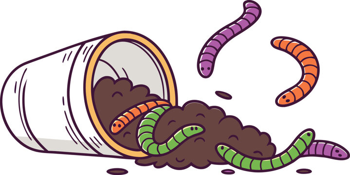 Cartoon illustration of a tipped over cup spilling soil and colorful worms