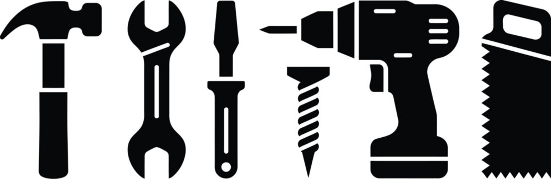 Professional Construction and Hand Tool Icon Set, Including Hammer Wrench Screwdriver Drill Saw and Screw, Solid Black Silhouettes for DIY Repair Hardware Store Branding and Industrial Design Use.