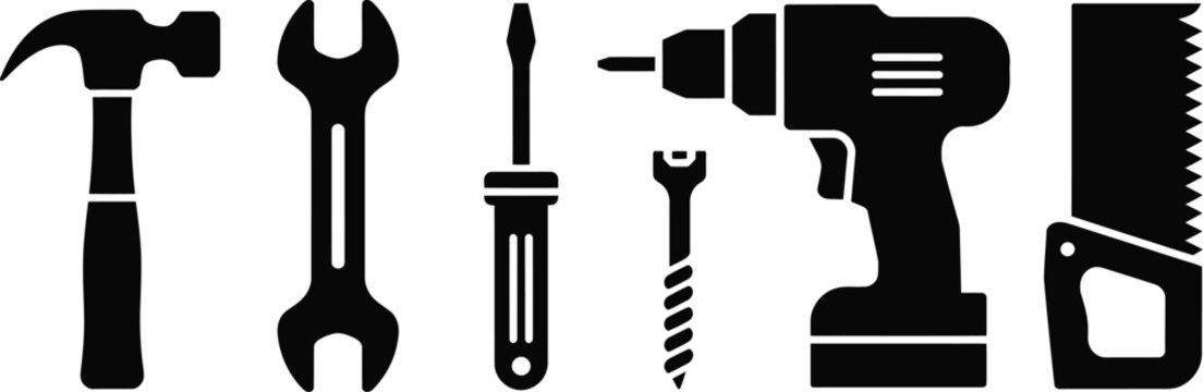 Professional Construction and Hand Tool Icon Set, Solid Black Silhouette Icons Featuring Hammer Wrench Screwdriver Drill Saw and Screw, Modern Minimal Vector Design for DIY Repair Industry and Hardwar