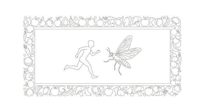Man running from giant insect, surrounded by fruits and vegetables border, surreal concept