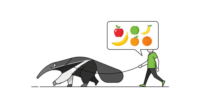 Man walks anteater on leash, thinking of fruits, funny concept, unusual pet ownership