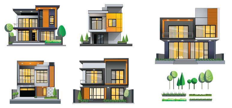 Handmade Modern Minimalist House Illustration Set with Realistic Residential Architecture. Handmade modern minimalist house illustration set created manually without AI generation. Featuring  