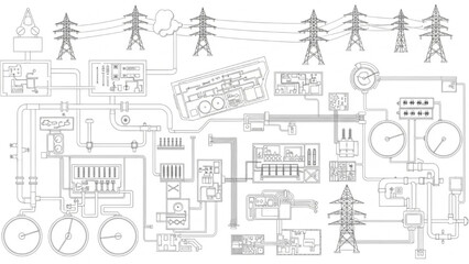 Fototapeta premium Top-Down City Utility Management Network CAD Blueprint with Infrastructure Systems, Engineering Control Layout and Outline Silhouette Vector Set Isolated on White Background