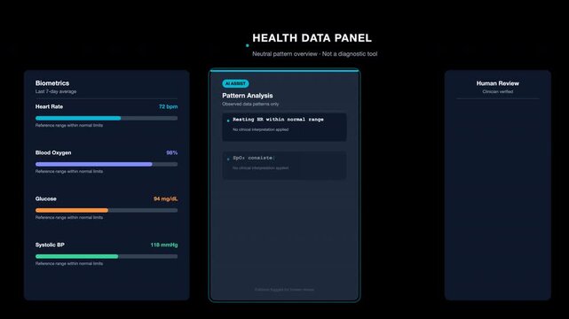 Digital health data panel displaying biometric statistics. Suitable for healthcare presentations, articles, websites, and digital health content creation.