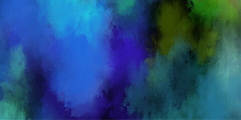 Obraz premium Vibrant abstract watercolor paint splashes and clouds in deep blues purples and greens with yellow accents