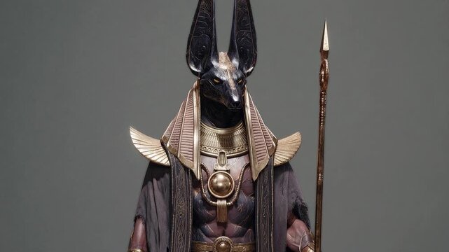 Ancient Egyptian Anubis deity holds ceremonial spear in ornate gold and dark robes, symbolizing justice, mythology and the afterlife against neutral background art