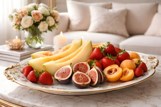 Estate, dieta salutare con frutta e vitamine: elegante piatto con melone, ciliegie, albicocche, pesche, fichi, fragole