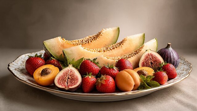 Estate, dieta salutare con frutta e vitamine: elegante piatto con melone, ciliegie, albicocche, pesche, fichi, fragole