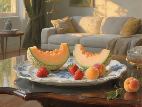 Estate, dieta salutare con frutta e vitamine: elegante piatto con melone, ciliegie, albicocche, pesche, fichi, fragole