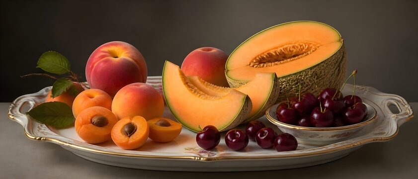 Estate, dieta salutare con frutta e vitamine: elegante piatto con melone, ciliegie, albicocche, pesche, fichi, fragole