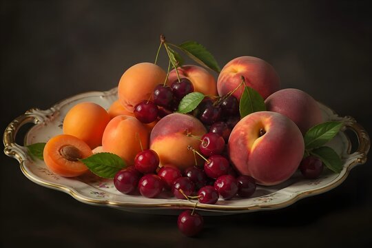 Estate, dieta salutare con frutta e vitamine: elegante piatto con melone, ciliegie, albicocche, pesche, fichi, fragole