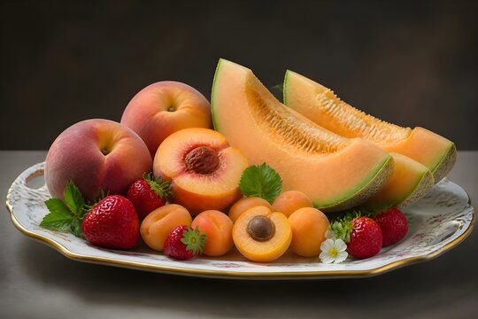 Estate, dieta salutare con frutta e vitamine: elegante piatto con melone, ciliegie, albicocche, pesche, fichi, fragole