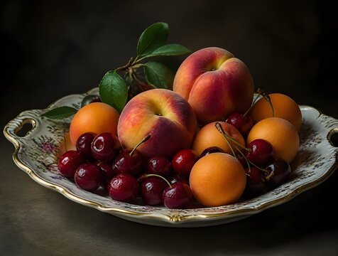Estate, dieta salutare con frutta e vitamine: elegante piatto con melone, ciliegie, albicocche, pesche, fichi, fragole