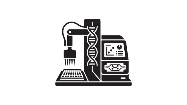 Biotech laboratory workstation with pipette robot arm dna sequence and computer monitor vector illustration silhouette icon