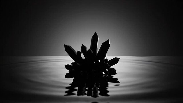 Sharp black crystalline structure emerging from a dark liquid surface with concentric ripples and clear reflections in a minimalist monochromatic setting with soft lighting.