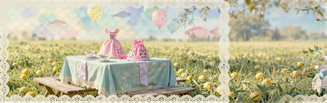 Outdoor picnic setup with pastel tableware in pumpkin field