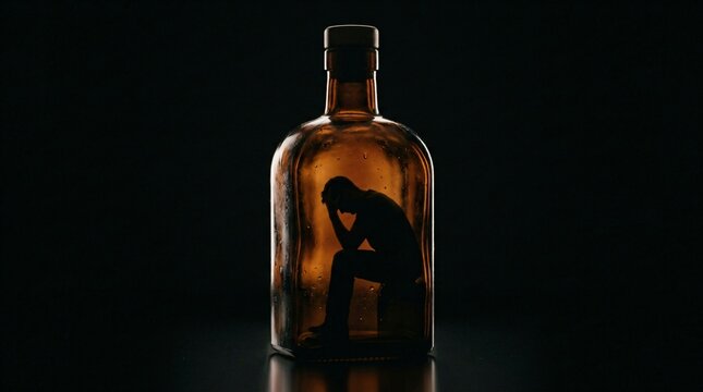 Man silhouette sitting sad inside glass bottle. Conceptual art representing alcohol addiction and dependency. Substance abuse struggle and mental health challenge for mental recovery.