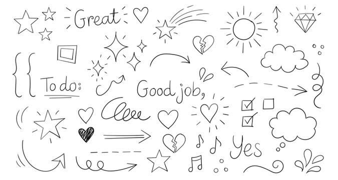 Hand drawn doodle elements set sketchy arrows, stars, hearts, sun, clouds, text, and symbols isolated on white background