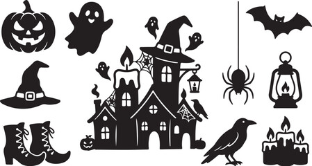 Obraz premium Halloween icons and symbols in black silhouette style