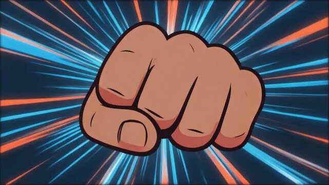 Comic book pop art fist punch illustration with colorful anime speed lines background looping motion graphic animation