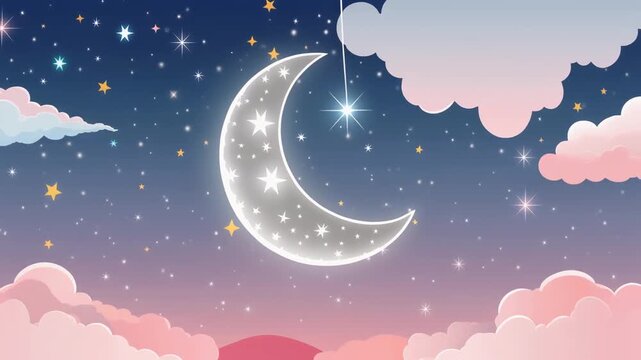 Animated Glowing Crescent Moon with Twinkling Stars and Floating Clouds