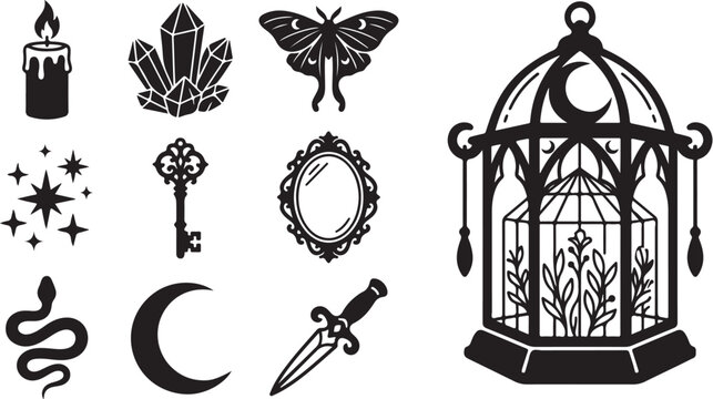 Mysterious occult symbols and objects illustration set