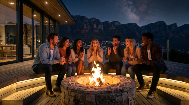 Friends at night celebrating on a modern off-grid luxury sustainable home terrace with fire pit