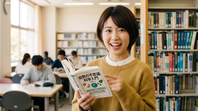 Smiling Japanese student holding a textbook and pointing in a library