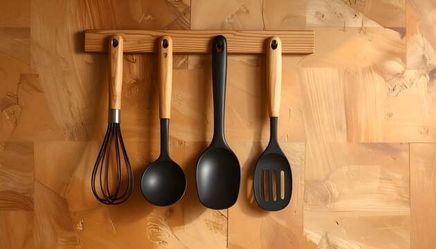 Set of Kitchen Utensils Hanging on a Wooden Rack.