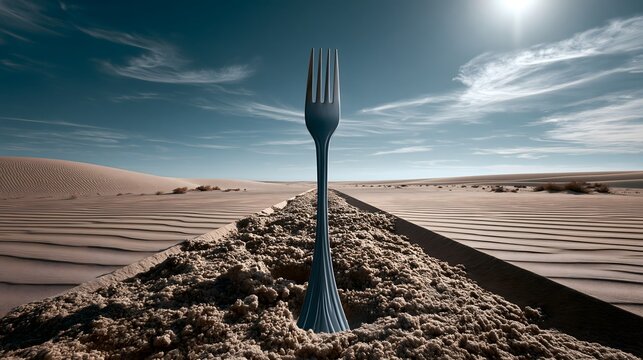 Einzelne Gabel in trockener Landschaft als Symbol f&uuml;r Hunger und Lebensmittelknappheit