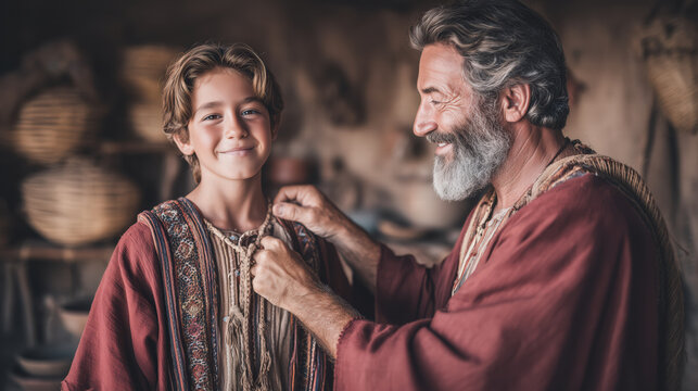 Jacob giving Joseph a new richly colored robe, emotional biblical scene of fatherly love and favor, warm light, symbolic moment foreshadowing jealousy and future events