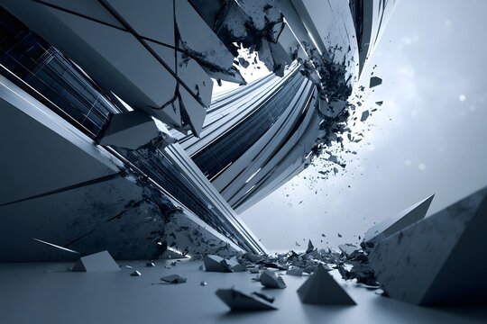 Abstrakte futuristische Explosion aus Glas und Metall in moderner Architektur als Symbol f&uuml;r Zerst&ouml;rung und Wandel