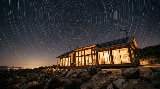 Cinematic night view of modern off-grid luxury home and star trail sky